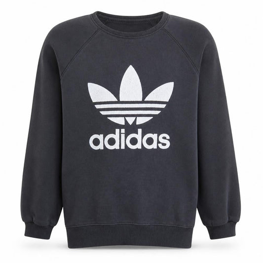 Front view of Adidas Men's Black Trefoil Crew Neck Sweatshirt, size M, Regular Fit