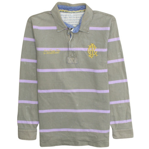 Joules Men's Green Striped Long Sleeve Polo Shirt M Cotton Rugby Style