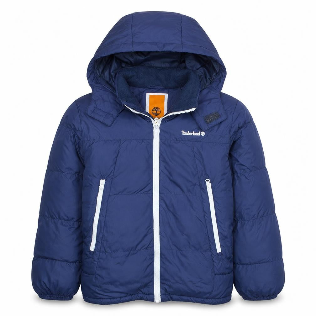 Front view of Timberland boys’ blue hooded puffer jacket, size 12, years winter coat