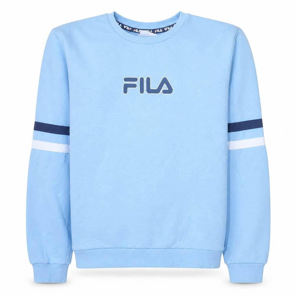 Front view of Fila boys’ blue logo crew neck sweatshirt, size 14, years cotton blend