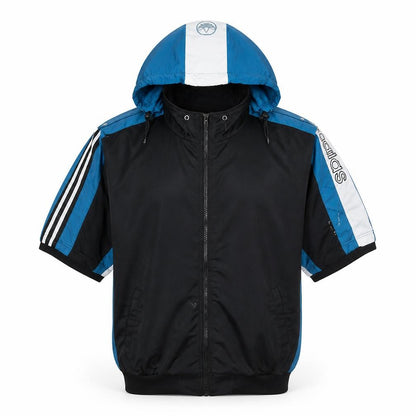 Front view of Adidas men’s black blue full zip short sleeve hoodie l sportswear