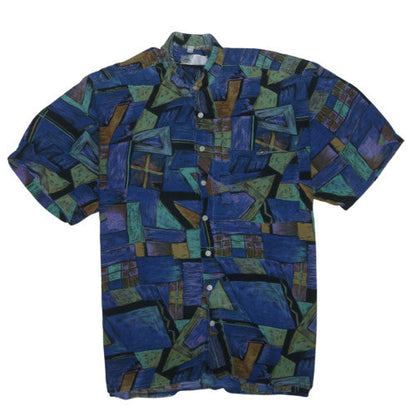 New Fast Men's Blue Geometric 90s Retro Short Sleeve Button-Up Shirt L