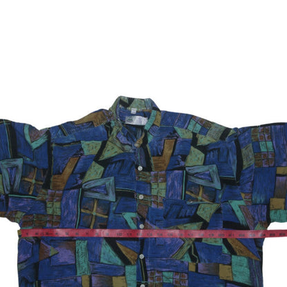 New Fast Men's Blue Geometric 90s Retro Short Sleeve Button-Up Shirt L