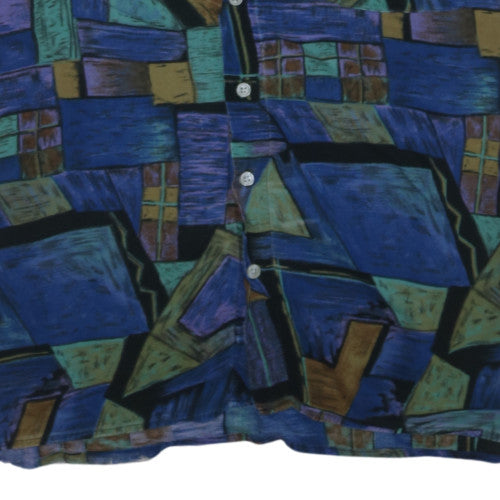 New Fast Men's Blue Geometric 90s Retro Short Sleeve Button-Up Shirt L