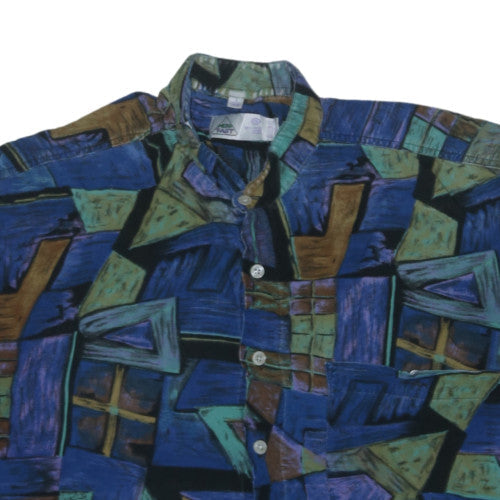 New Fast Men's Blue Geometric 90s Retro Short Sleeve Button-Up Shirt L