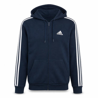 Front view of Adidas men’s blue full zip hoodie medium sports fleece sweatshirt