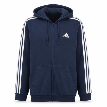 Front view of Adidas men’s blue full zip hoodie m sports fleece regular fit