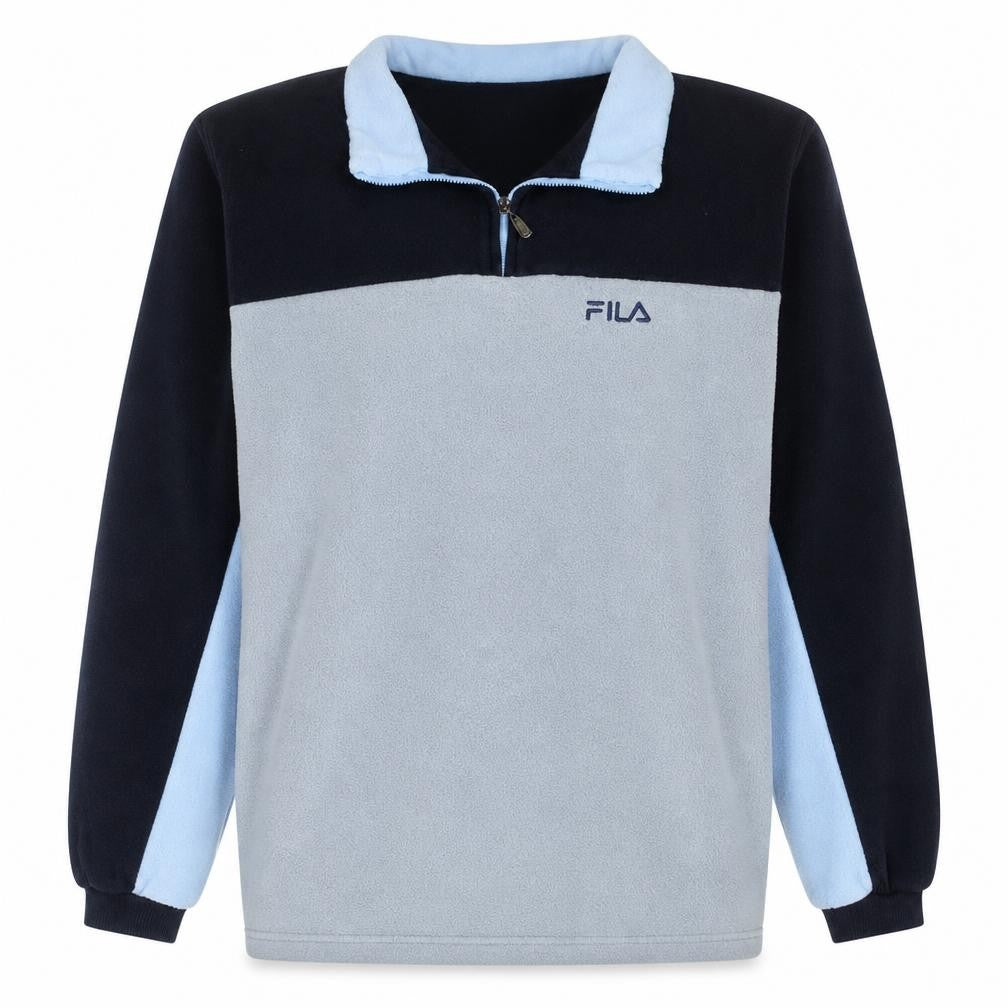 Front view of Fila men’s grey blue 1/4 zip fleece sweatshirt, size 14, teens
