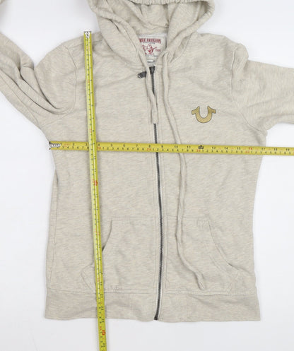 True Religion Mens Beige Full Zip Hoodie Size S Fleece Logo Sweatshirt