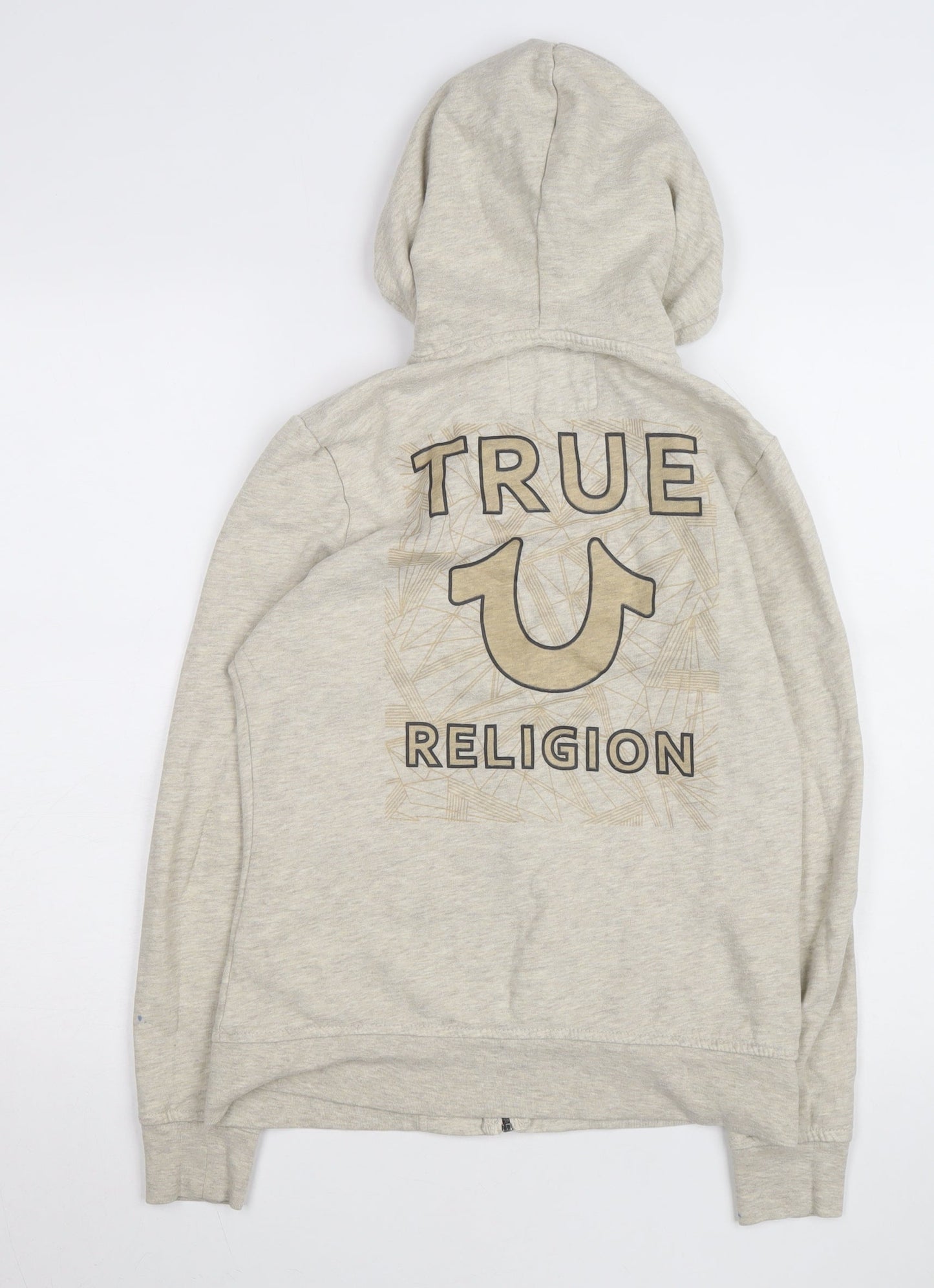 True Religion Mens Beige Full Zip Hoodie Size S Fleece Logo Sweatshirt