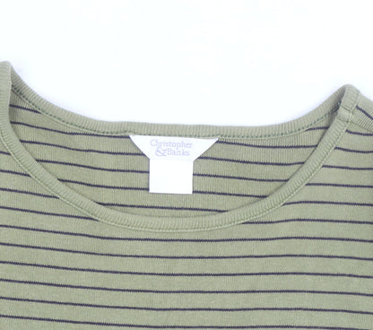 Christopher & Banks Men's Green Striped 3/4 Sleeve Cotton T-Shirt L