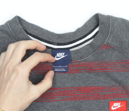 Nike Mens Grey Red Striped Crew Neck Pullover Sweatshirt L