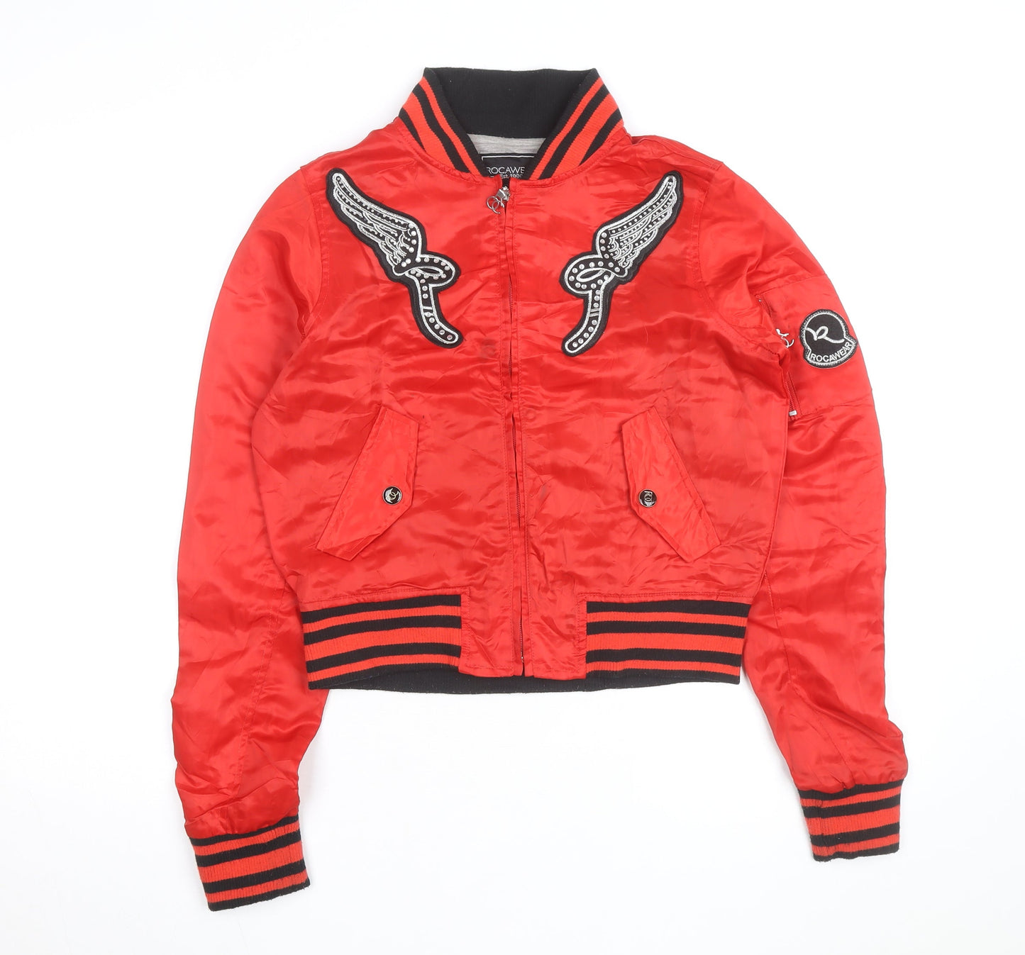 Rocawear Women's Red Bomber Jacket M Embroidered Studded Zip Satin