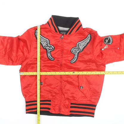 Rocawear Women's Red Bomber Jacket M Embroidered Studded Zip Satin
