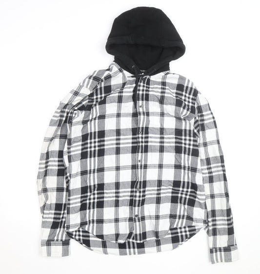 Next Mens Black Checked Flannel Hooded Shirt M Full Zip
