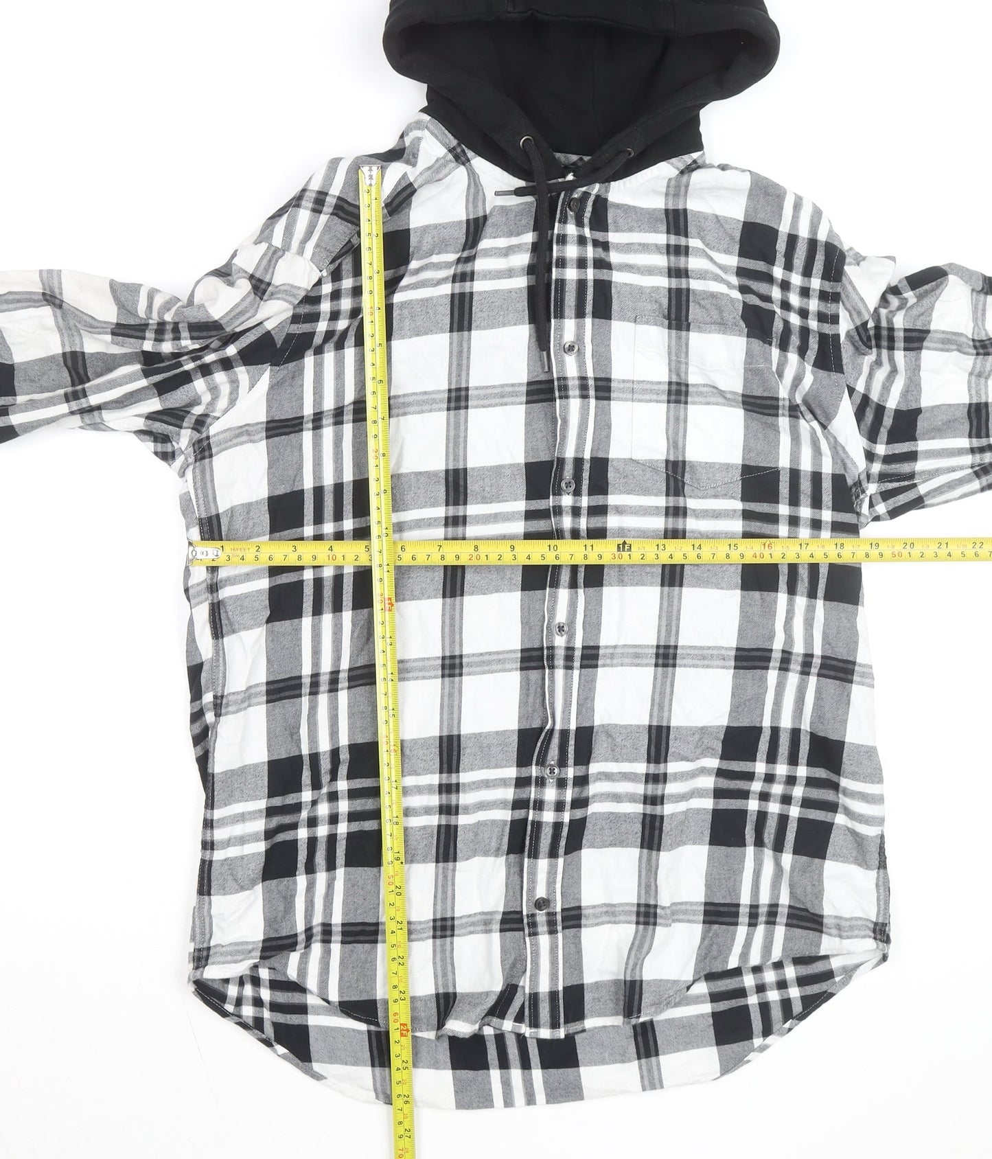 Next Mens Black Checked Flannel Hooded Shirt M Full Zip