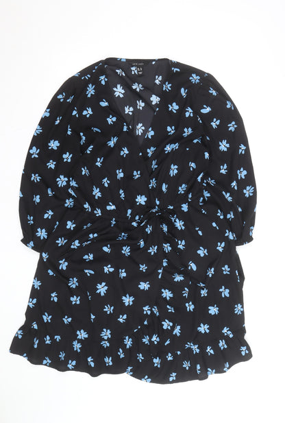 New Look Women Black Blue Floral Wrap Dress Size 16 V-Neck Long Sleeve