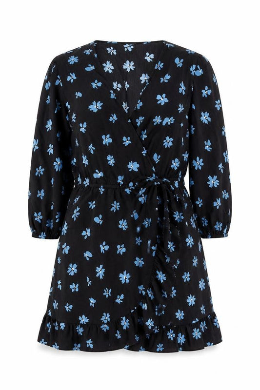 New Look Women Black Blue Floral Wrap Dress Size 16 V-Neck Long Sleeve
