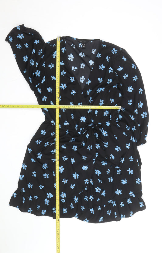 New Look Women Black Blue Floral Wrap Dress Size 16 V-Neck Long Sleeve