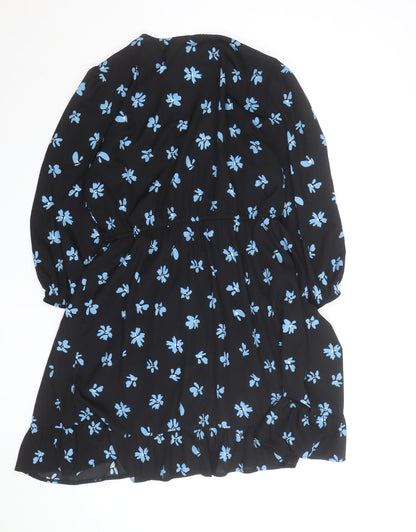 New Look Women Black Blue Floral Wrap Dress Size 16 V-Neck Long Sleeve