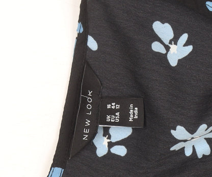 New Look Women Black Blue Floral Wrap Dress Size 16 V-Neck Long Sleeve
