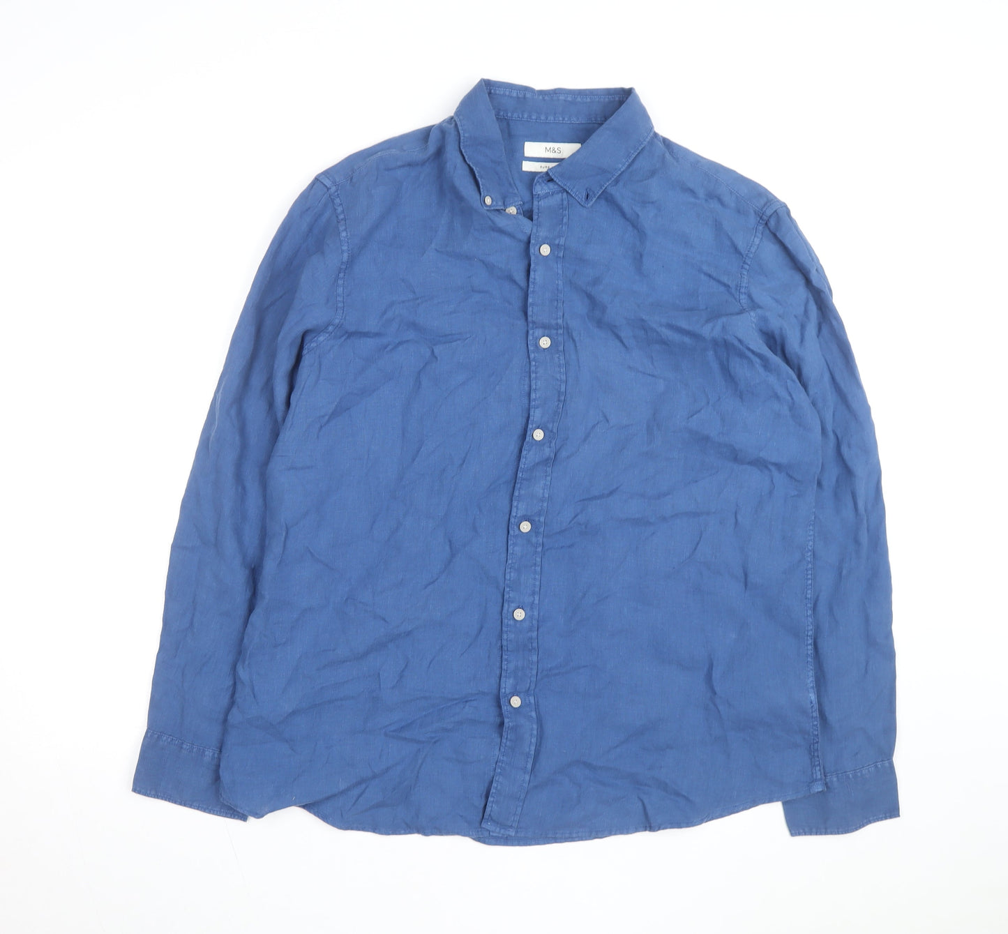 Marks and Spencer Men's Blue Linen Long Sleeve Button-Up Shirt XL