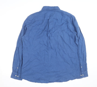 Marks and Spencer Men's Blue Linen Long Sleeve Button-Up Shirt XL