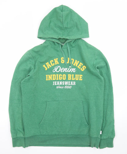 Jack & Jones Men Green L Pullover Hoodie Graphic Print Fleece