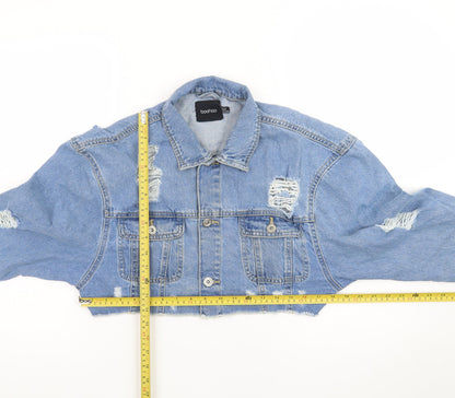 Boohoo Women's Blue Cropped Distressed Denim Jacket UK 10