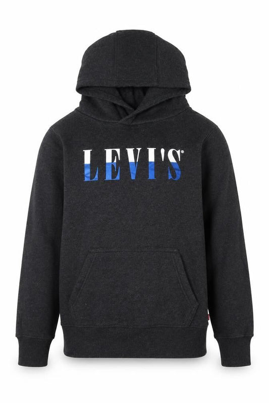 Front view of Levi's boys’ black pullover hoodie 12 years fleece graphic logo