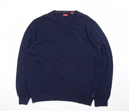 IZOD Men Blue Cotton V-Neck Pullover Jumper XL Classic Knit