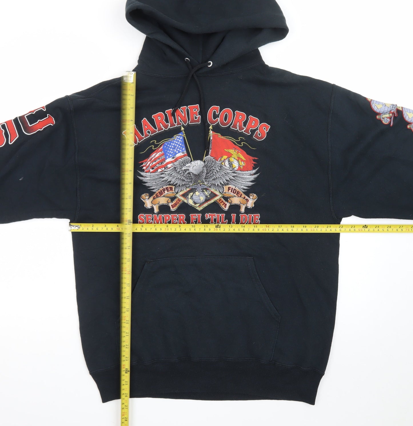 Jerzees Men's Black Marine Corps Pullover Hoodie L Graphic Print