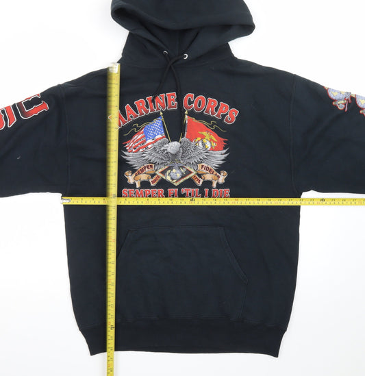 Jerzees Men's Black Marine Corps Pullover Hoodie L Graphic Print