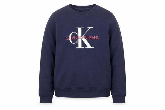 Front view of Calvin Klein Jeans boys’ blue logo pullover sweatshirt, size 12, years