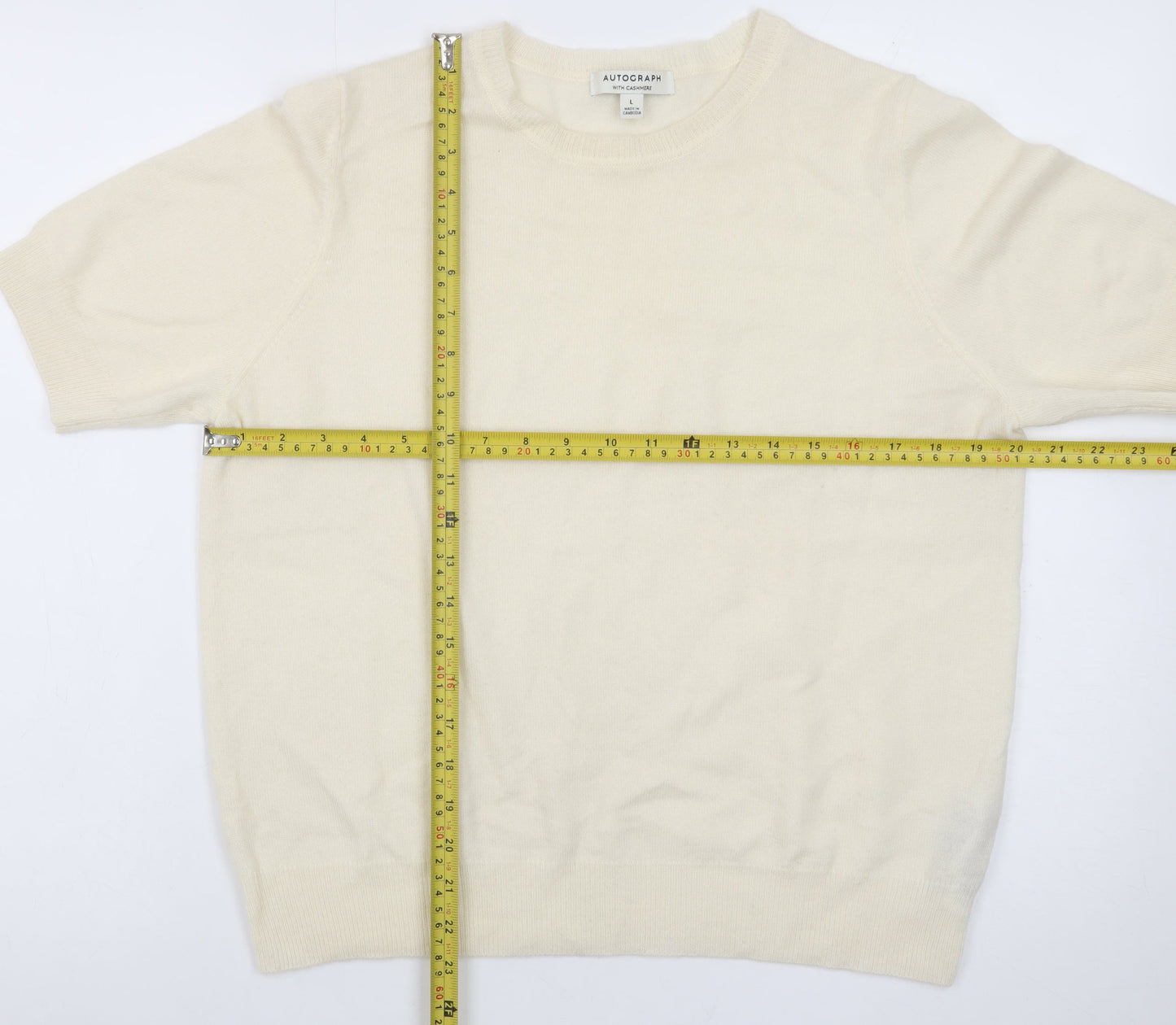 Marks and Spencer Men's Ivory Merino Wool Cashmere Short Sleeve Jumper L