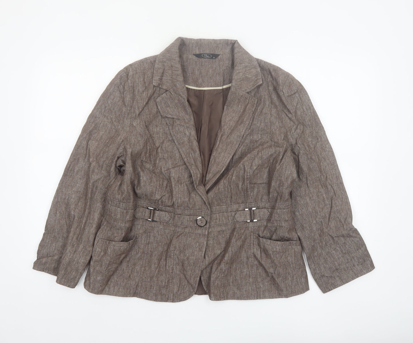 BM Women Brown Linen Blend Belted Single-Breasted Blazer Size 16