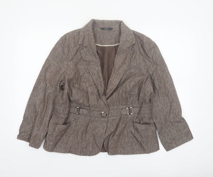 BM Women Brown Linen Blend Belted Single-Breasted Blazer Size 16