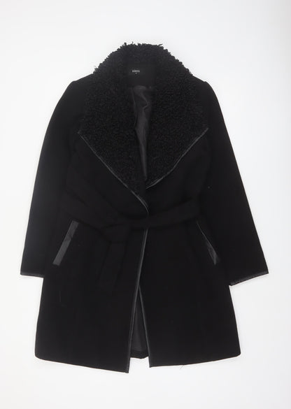 Klass Womens Black Long Belted Faux Fur Collar Overcoat Size 12