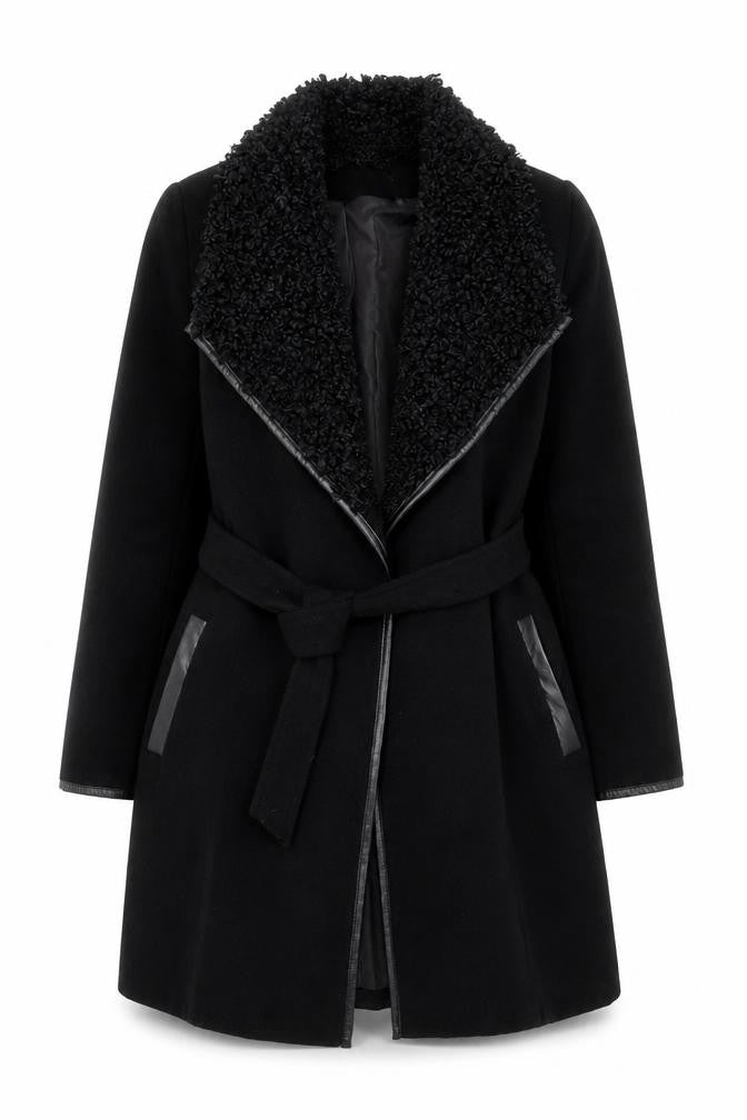 Klass Womens Black Long Belted Faux Fur Collar Overcoat Size 12