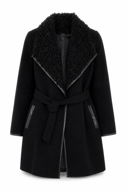 Klass Womens Black Long Belted Faux Fur Collar Overcoat Size 12