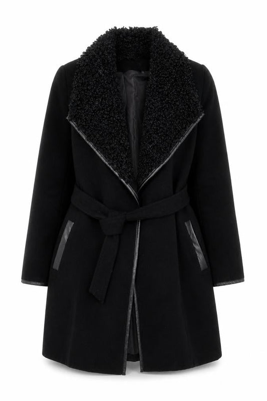 Klass Womens Black Long Belted Faux Fur Collar Overcoat Size 12