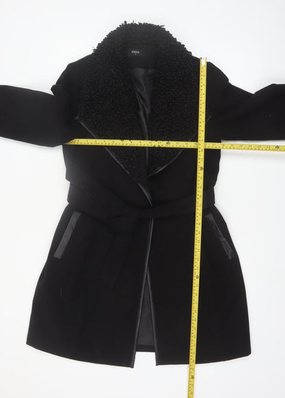 Klass Womens Black Long Belted Faux Fur Collar Overcoat Size 12