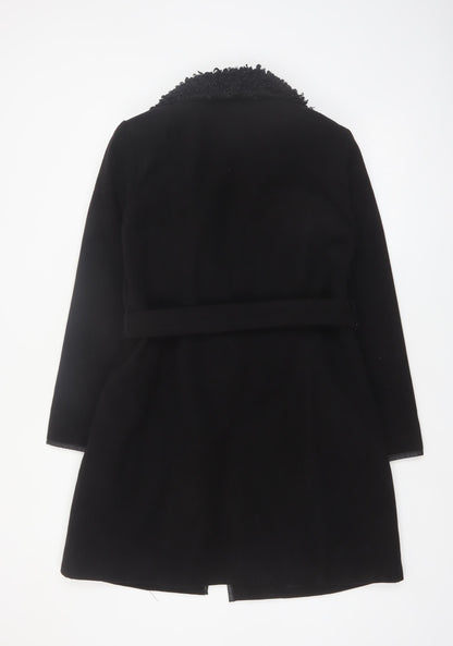 Klass Womens Black Long Belted Faux Fur Collar Overcoat Size 12
