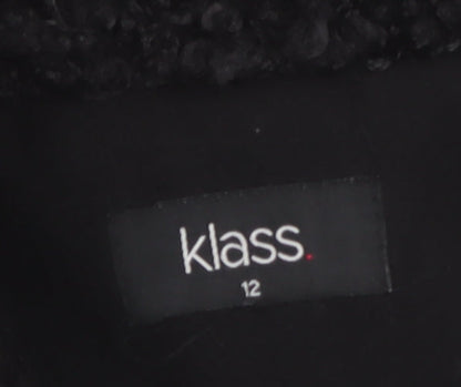 Klass Womens Black Long Belted Faux Fur Collar Overcoat Size 12