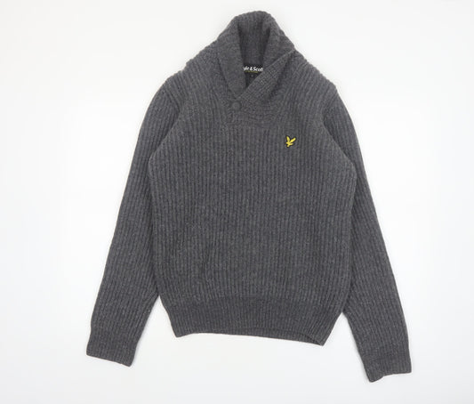 Lyle & Scott Men's Grey Wool Blend Shawl Collar Jumper Size S
