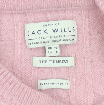 Jack Wills Women Pink Merino Wool Cable Knit Jumper Size 10
