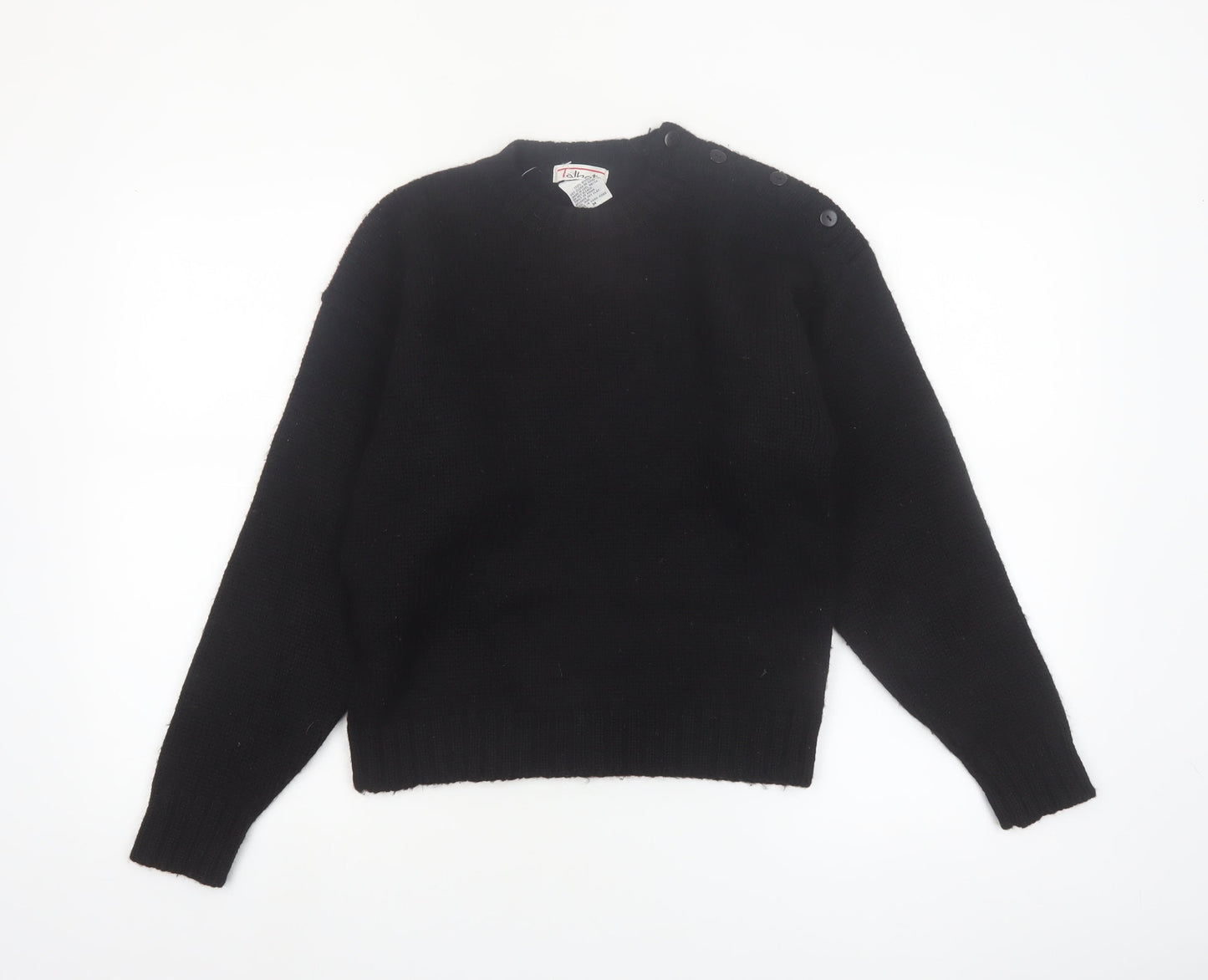 Talbots Women Black Wool Crew Neck Button Shoulder Jumper M