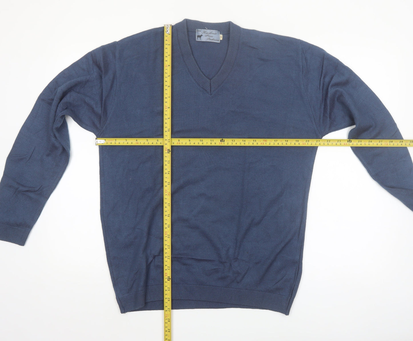 Kashmir Pure Pashmina Men's Blue V-Neck Cashmere Jumper S
