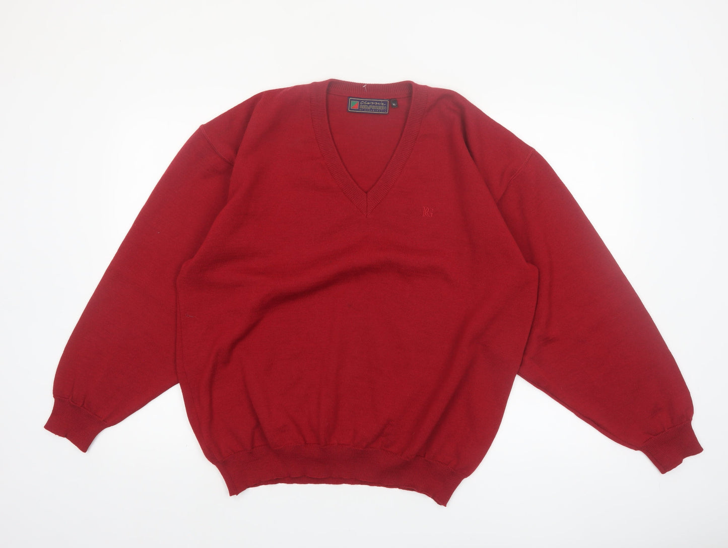 Red/Green Men's Red Wool V-Neck Classic Pullover Jumper XL