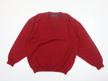Red/Green Men's Red Wool V-Neck Classic Pullover Jumper XL